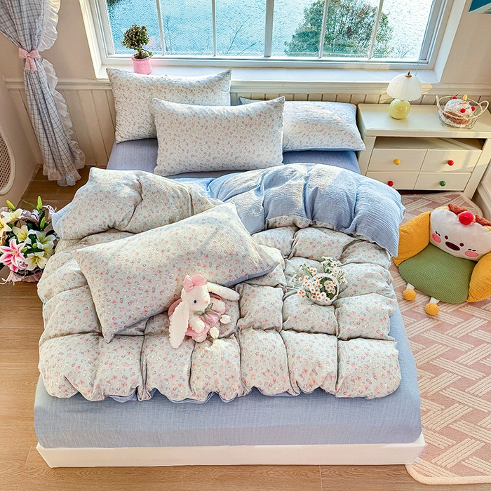 91家纺网 家纺一手货源 找家纺 木楌家居 2026新款A类全棉皱皱纱印花四件套 林汐