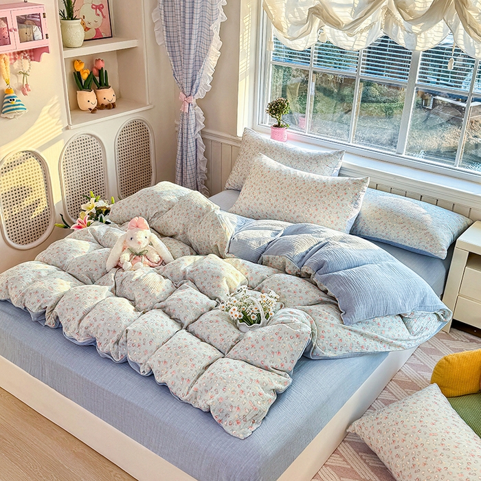 91家纺网 家纺一手货源 找家纺 木楌家居 2026新款A类全棉皱皱纱印花四件套 林汐