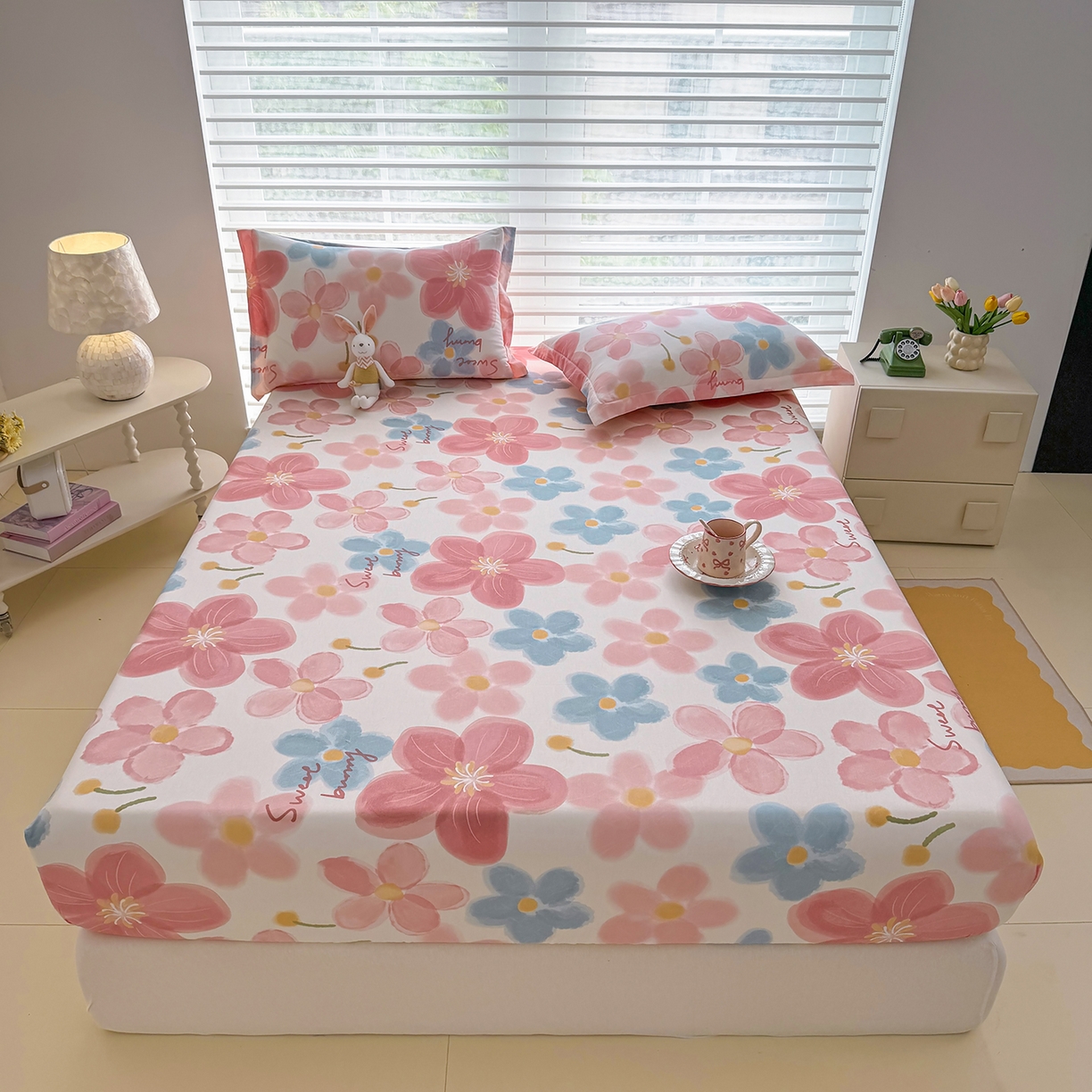 91家纺网 家纺一手货源 找家纺 壹贝家纺 2026新款全棉印花床笠系列 夕颜花开