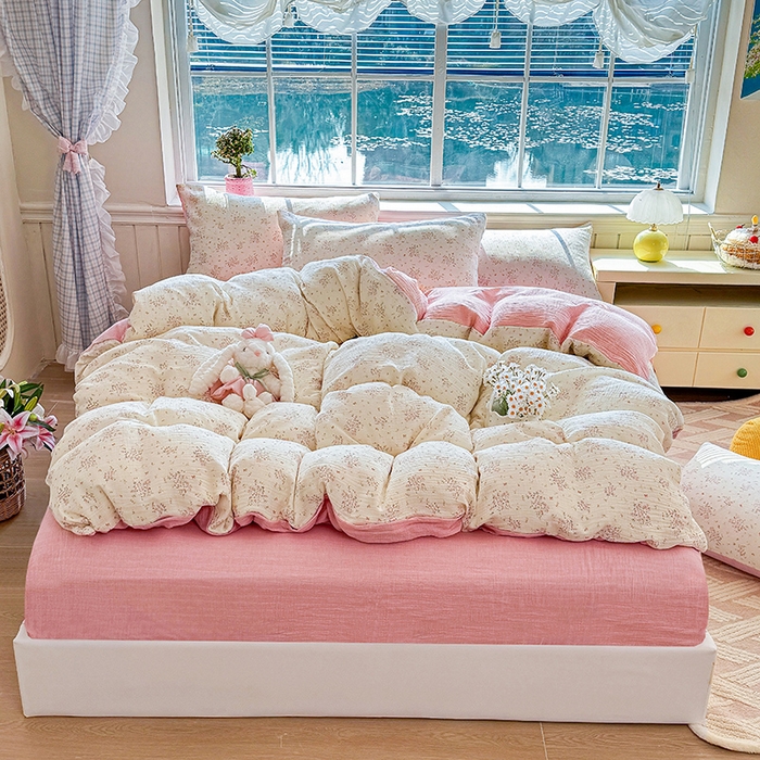 91家纺网 家纺一手货源 找家纺 木楌家居 2026新款A类全棉皱皱纱印花四件套 春日集