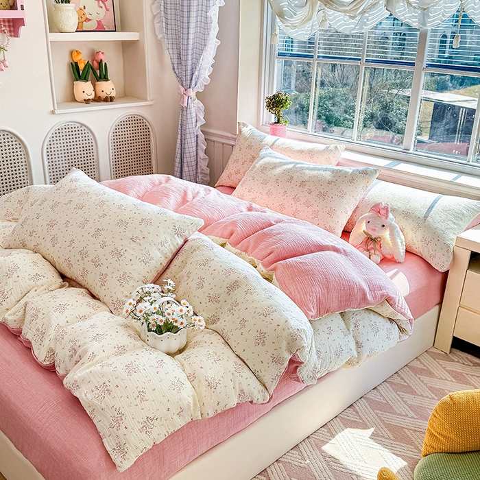 91家纺网 家纺一手货源 找家纺 木楌家居 2026新款A类全棉皱皱纱印花四件套 春日集