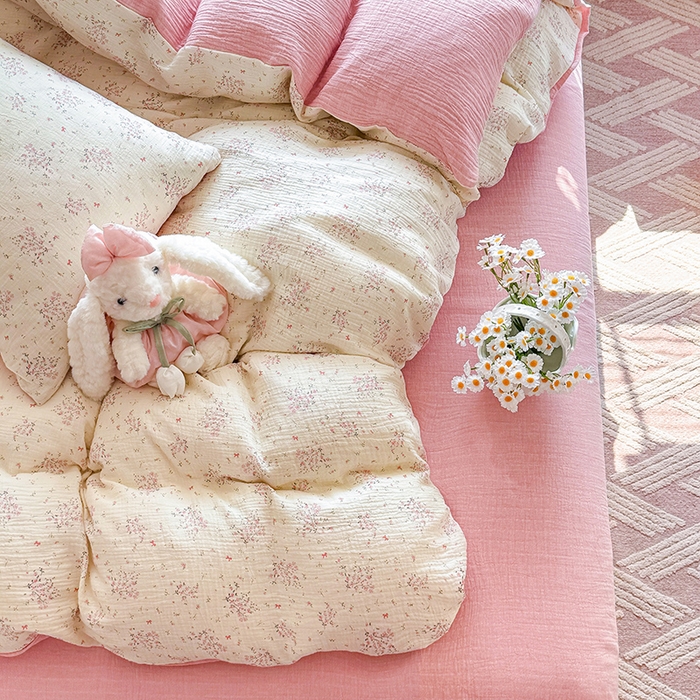 91家纺网 家纺一手货源 找家纺 木楌家居 2026新款A类全棉皱皱纱印花四件套 春日集