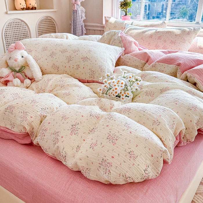 91家纺网 家纺一手货源 找家纺 木楌家居 2026新款A类全棉皱皱纱印花四件套 春日集