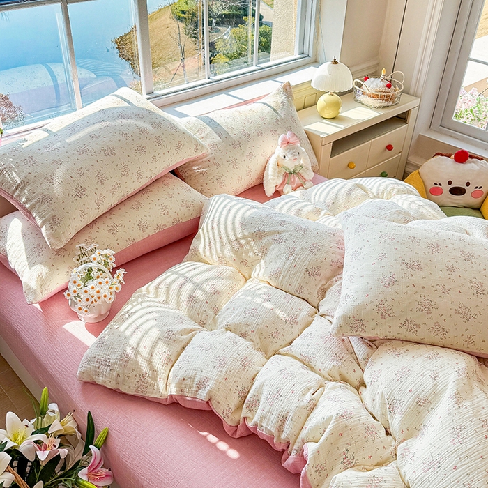 91家纺网 家纺一手货源 找家纺 木楌家居 2026新款A类全棉皱皱纱印花四件套 春日集