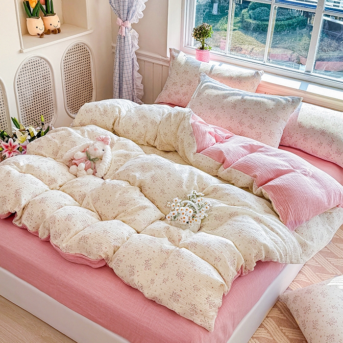 91家纺网 家纺一手货源 找家纺 木楌家居 2026新款A类全棉皱皱纱印花四件套 春日集