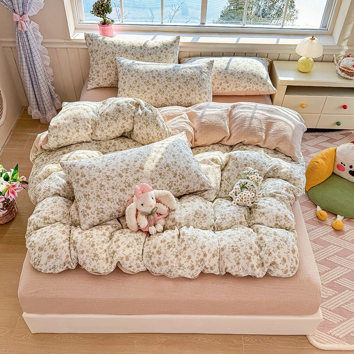 91家纺网 家纺一手货源 找家纺 木楌家居 2026新款A类全棉皱皱纱印花四件套 花巷