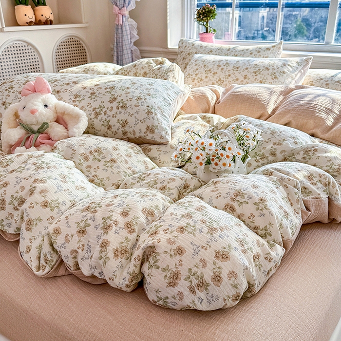 91家纺网 家纺一手货源 找家纺 木楌家居 2026新款A类全棉皱皱纱印花四件套 花巷