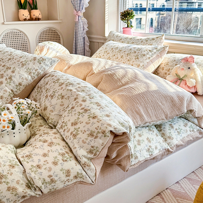 91家纺网 家纺一手货源 找家纺 木楌家居 2026新款A类全棉皱皱纱印花四件套 花巷