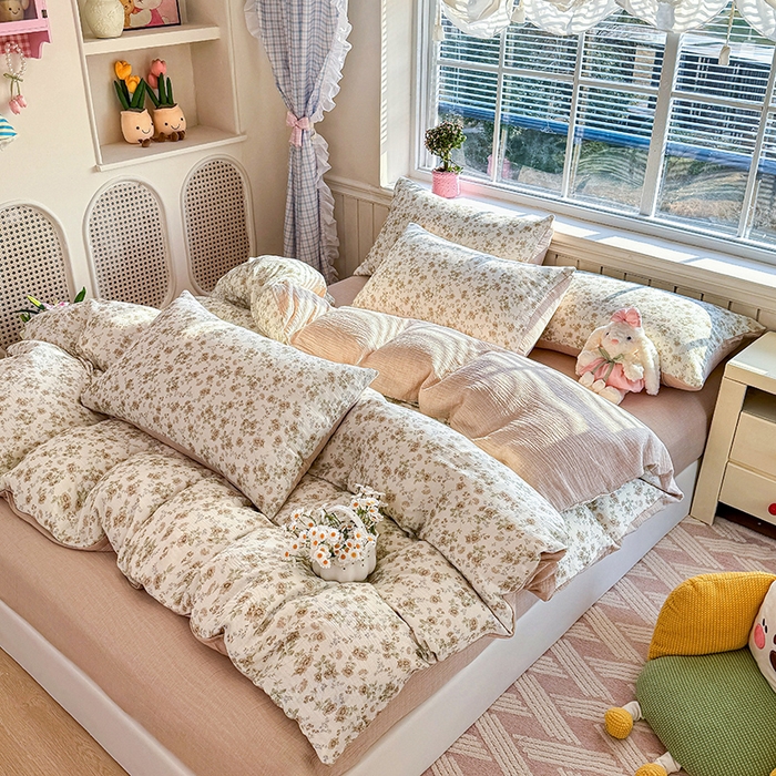 91家纺网 家纺一手货源 找家纺 木楌家居 2026新款A类全棉皱皱纱印花四件套 花巷