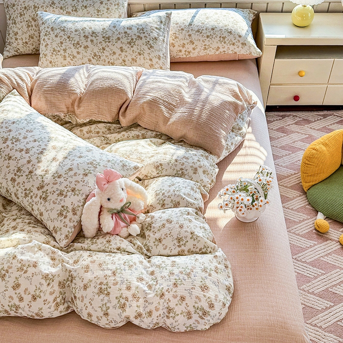 91家纺网 家纺一手货源 找家纺 木楌家居 2026新款A类全棉皱皱纱印花四件套 花巷