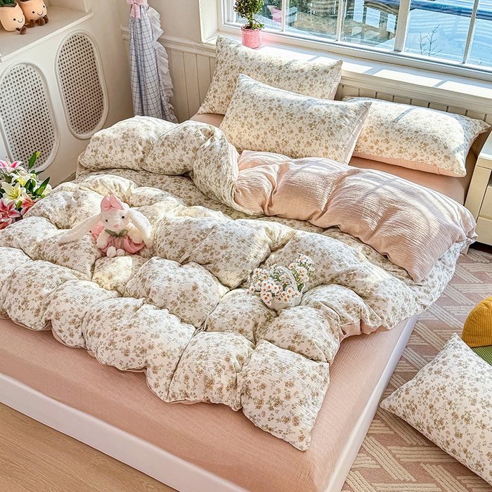 91家纺网 家纺一手货源 找家纺 木楌家居 2026新款A类全棉皱皱纱印花四件套 花巷