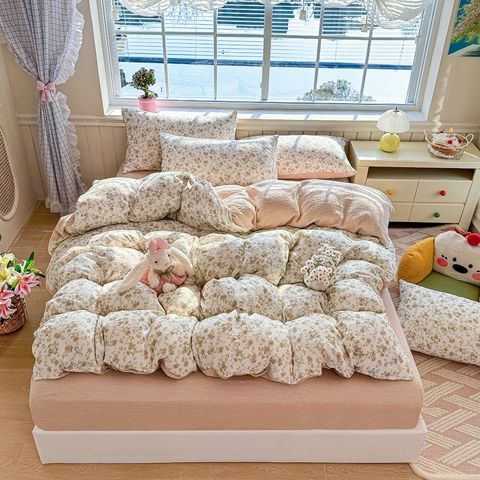 91家纺网 家纺一手货源 找家纺 木楌家居 2026新款A类全棉皱皱纱印花四件套 花巷