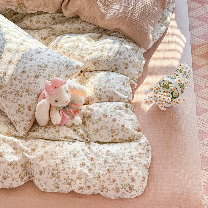 91家纺网 家纺一手货源 找家纺 木楌家居 2026新款A类全棉皱皱纱印花四件套 花巷