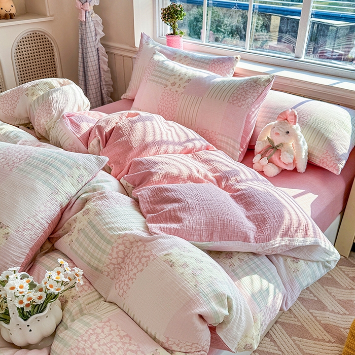 木楌家居 2026新款A类全棉皱皱纱印花四件套 浅夏  粉