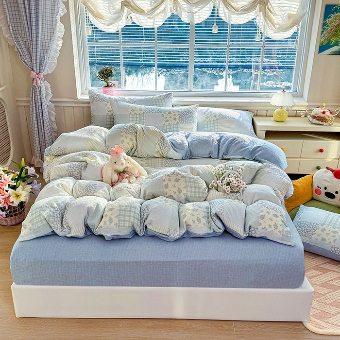 91家纺网 家纺一手货源 找家纺 木楌家居 2026新款A类全棉皱皱纱印花四件套 浅夏  兰