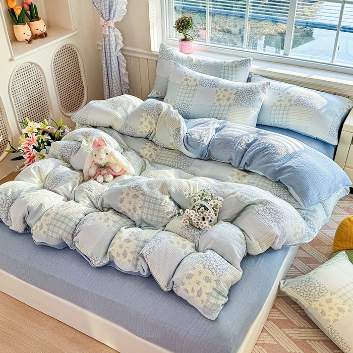 91家纺网 家纺一手货源 找家纺 木楌家居 2026新款A类全棉皱皱纱印花四件套 浅夏  兰