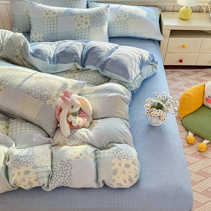 91家纺网 家纺一手货源 找家纺 木楌家居 2026新款A类全棉皱皱纱印花四件套 浅夏  兰