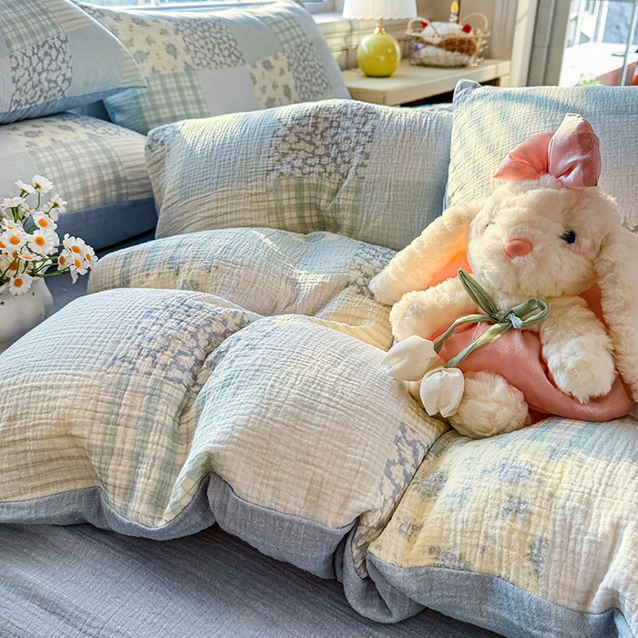 91家纺网 家纺一手货源 找家纺 木楌家居 2026新款A类全棉皱皱纱印花四件套 浅夏  兰