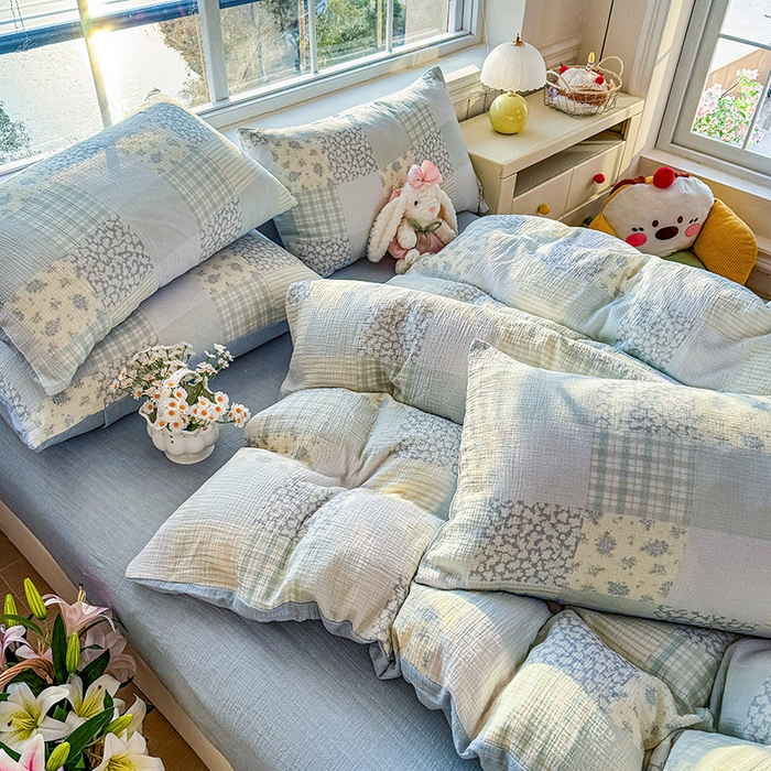 91家纺网 家纺一手货源 找家纺 木楌家居 2026新款A类全棉皱皱纱印花四件套 浅夏  兰