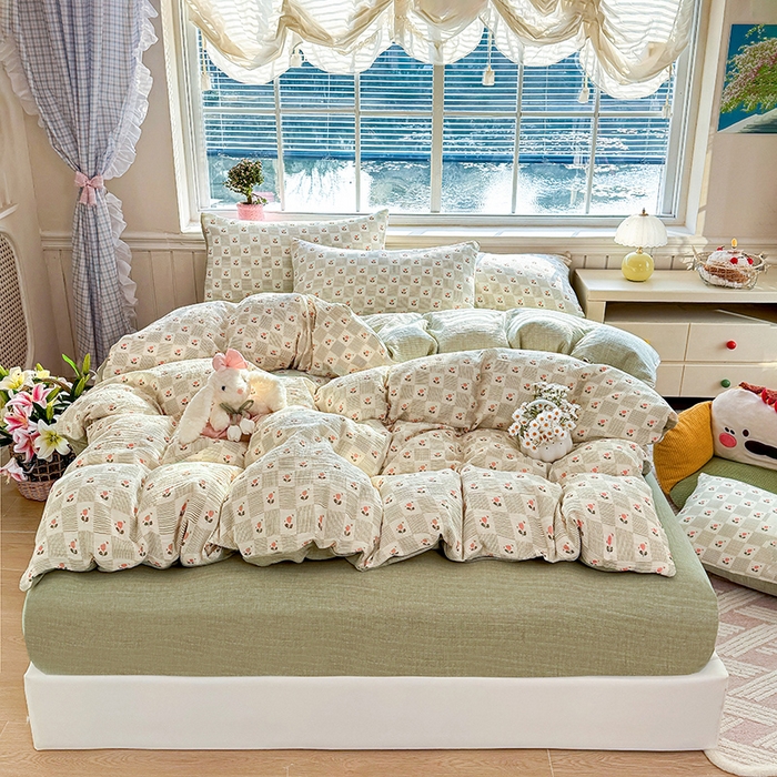 91家纺网 家纺一手货源 找家纺 木楌家居 2026新款A类全棉皱皱纱印花四件套 芮芮花