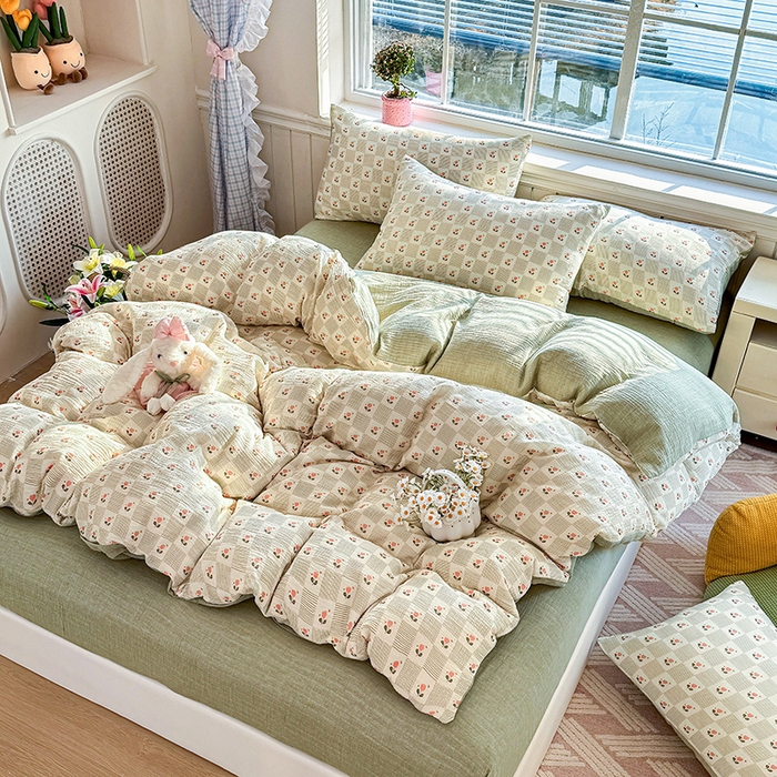 91家纺网 家纺一手货源 找家纺 木楌家居 2026新款A类全棉皱皱纱印花四件套 芮芮花