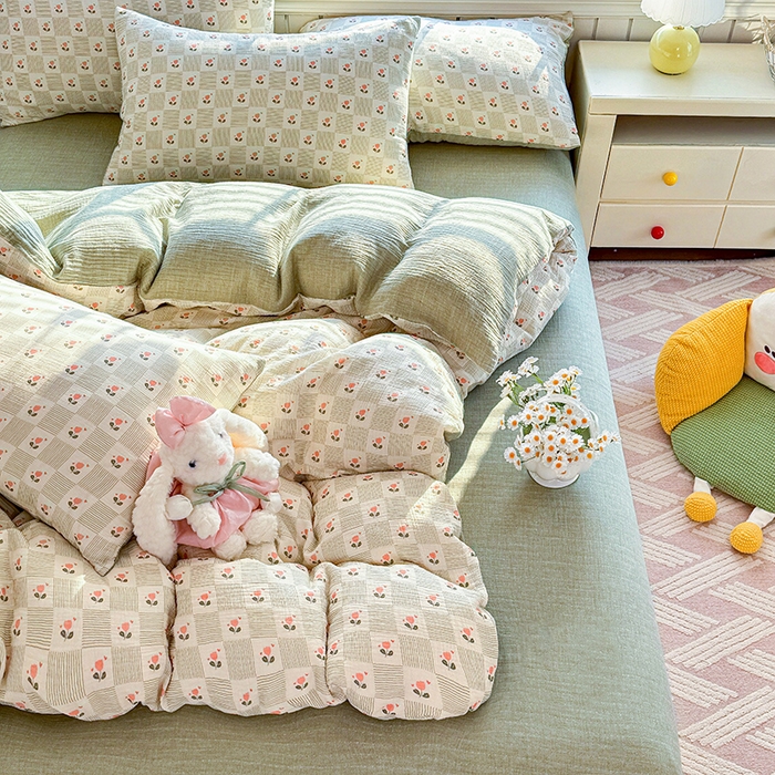 91家纺网 家纺一手货源 找家纺 木楌家居 2026新款A类全棉皱皱纱印花四件套 芮芮花