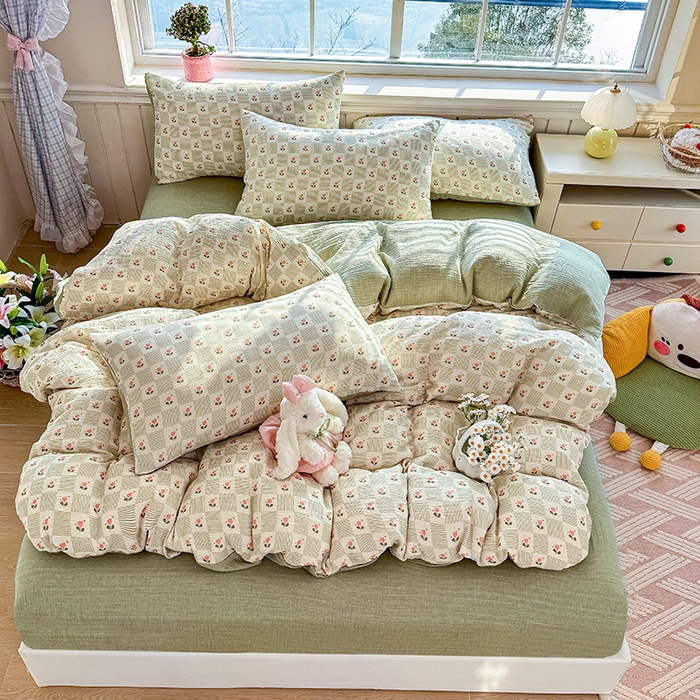 91家纺网 家纺一手货源 找家纺 木楌家居 2026新款A类全棉皱皱纱印花四件套 芮芮花