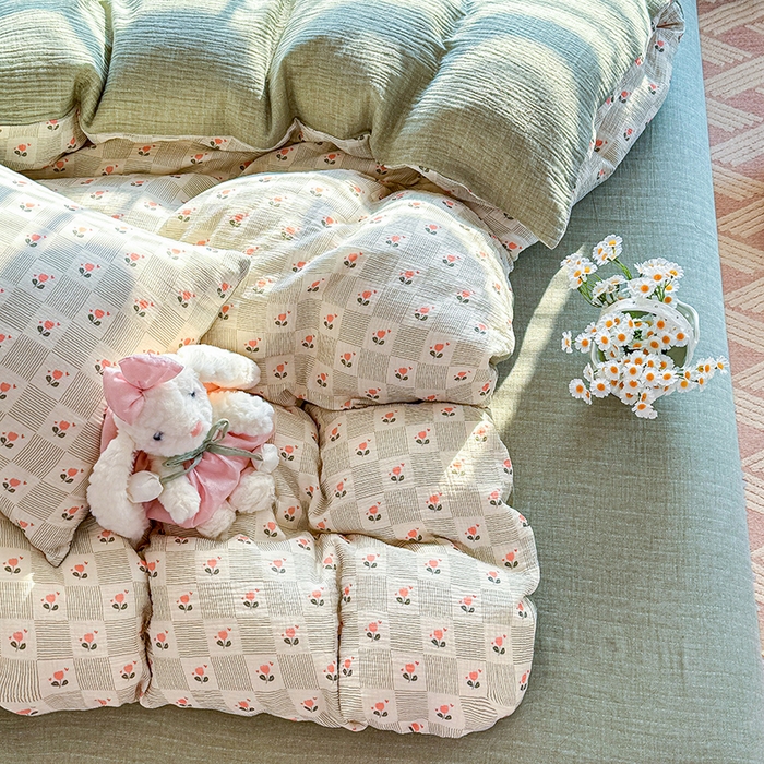 91家纺网 家纺一手货源 找家纺 木楌家居 2026新款A类全棉皱皱纱印花四件套 芮芮花