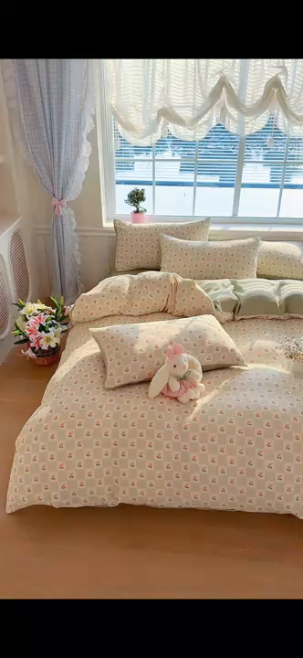 91家纺网 家纺一手货源 找家纺 木楌家居 2026新款A类全棉皱皱纱印花四件套 芮芮花