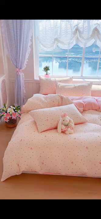 91家纺网 家纺一手货源 找家纺 木楌家居 2026新款A类全棉皱皱纱印花四件套 星空草莓