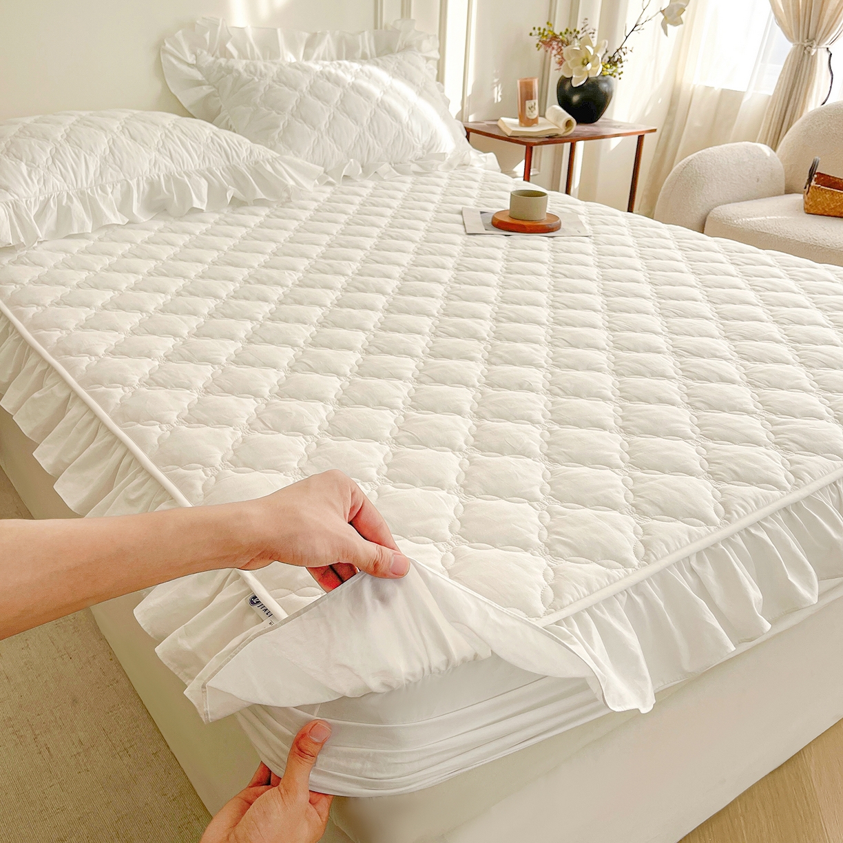 沐纯家居 2026新款A类全棉纯棉水洗棉新疆棉花少女风花边单床笠 贵族白