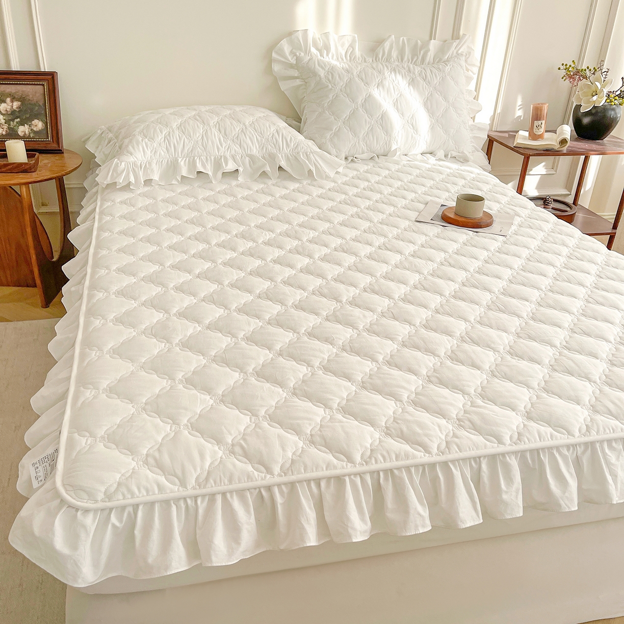 91家纺网 家纺一手货源 找家纺 沐纯家居 2026新款A类全棉纯棉水洗棉新疆棉花少女风花边单床笠 贵族白