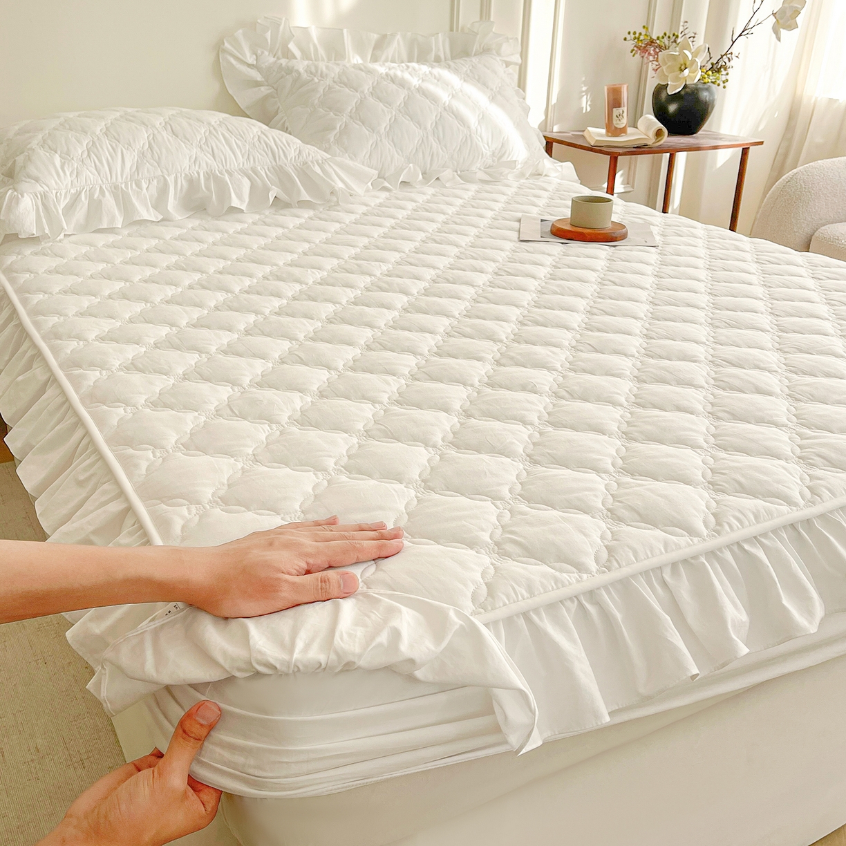 91家纺网 家纺一手货源 找家纺 沐纯家居 2026新款A类全棉纯棉水洗棉新疆棉花少女风花边单床笠 贵族白