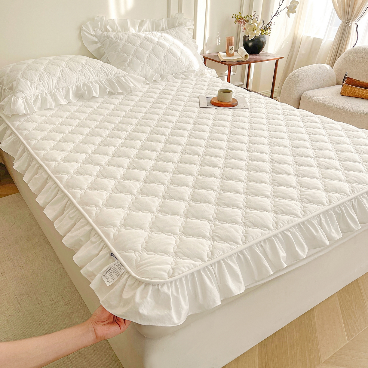 91家纺网 家纺一手货源 找家纺 沐纯家居 2026新款A类全棉纯棉水洗棉新疆棉花少女风花边单床笠 贵族白