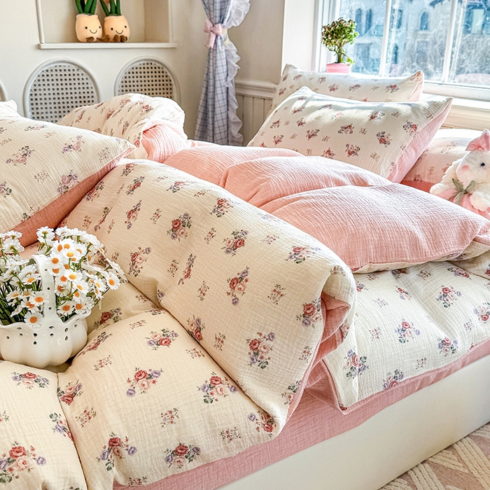 91家纺网 家纺一手货源 找家纺 木楌家居 2026新款A类全棉皱皱纱印花四件套 醉嫣然