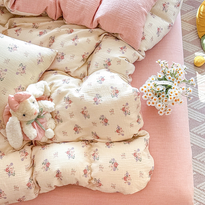 91家纺网 家纺一手货源 找家纺 木楌家居 2026新款A类全棉皱皱纱印花四件套 醉嫣然