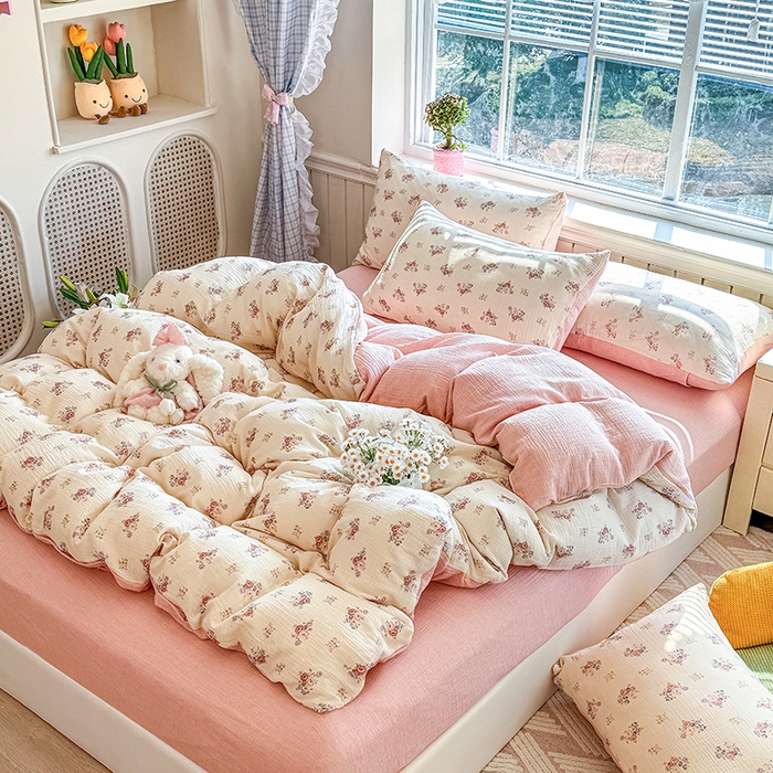 91家纺网 家纺一手货源 找家纺 木楌家居 2026新款A类全棉皱皱纱印花四件套 醉嫣然