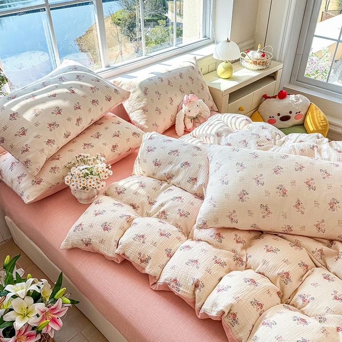 91家纺网 家纺一手货源 找家纺 木楌家居 2026新款A类全棉皱皱纱印花四件套 醉嫣然