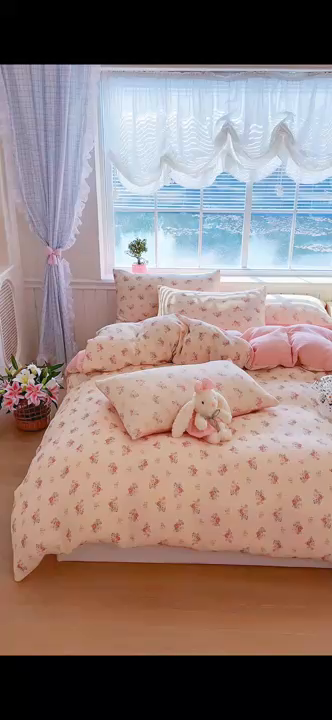 91家纺网 家纺一手货源 找家纺 木楌家居 2026新款A类全棉皱皱纱印花四件套 醉嫣然