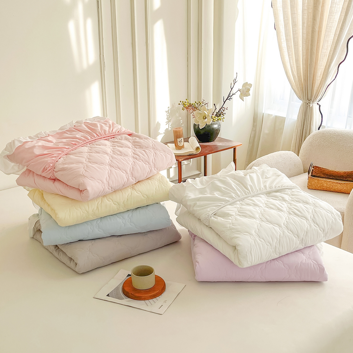 91家纺网 家纺一手货源 找家纺 沐纯家居 2026新款A类全棉纯棉水洗棉新疆棉花少女风花边单床笠 晴空蓝