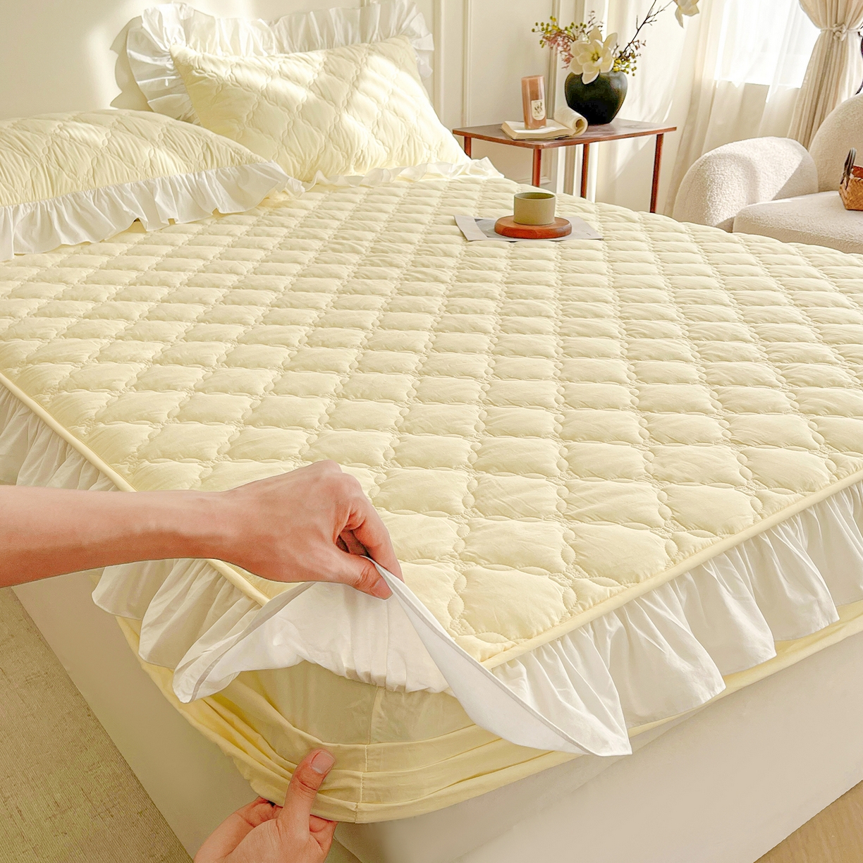 沐纯家居 2026新款A类全棉纯棉水洗棉新疆棉花少女风花边单床笠 象牙黄