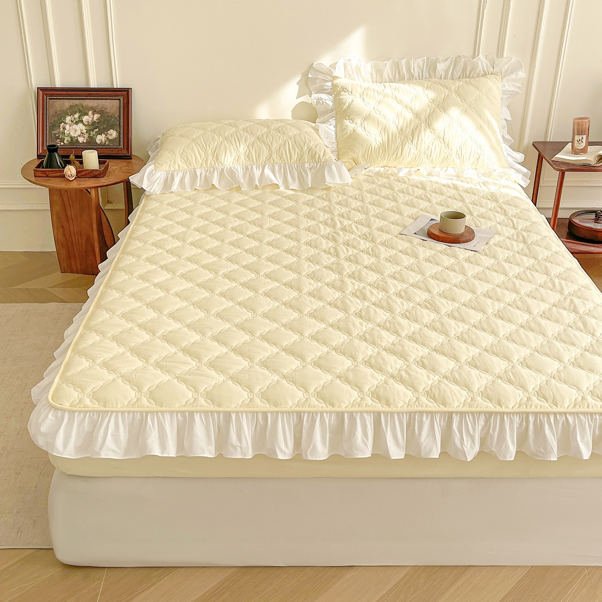 91家纺网 家纺一手货源 找家纺 沐纯家居 2026新款A类全棉纯棉水洗棉新疆棉花少女风花边单床笠 象牙黄