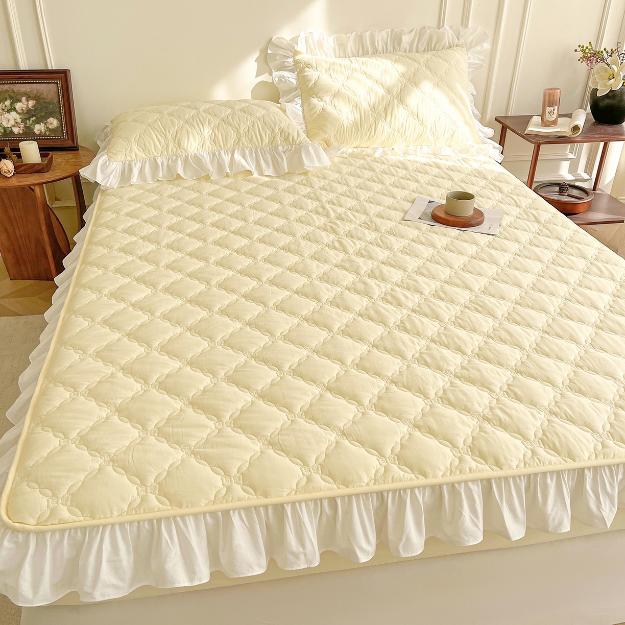 91家纺网 家纺一手货源 找家纺 沐纯家居 2026新款A类全棉纯棉水洗棉新疆棉花少女风花边单床笠 象牙黄