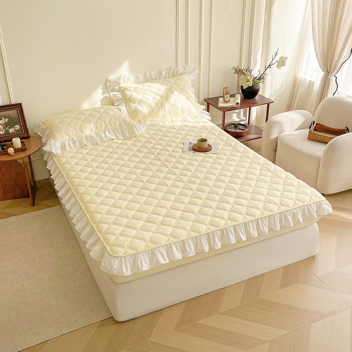 91家纺网 家纺一手货源 找家纺 沐纯家居 2026新款A类全棉纯棉水洗棉新疆棉花少女风花边单床笠 象牙黄