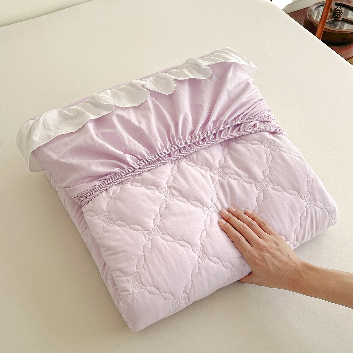 91家纺网 家纺一手货源 找家纺 沐纯家居 2026新款A类全棉纯棉水洗棉新疆棉花少女风花边单床笠 星空紫