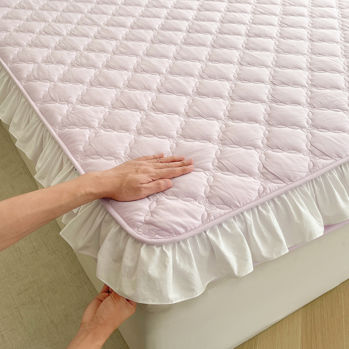 91家纺网 家纺一手货源 找家纺 沐纯家居 2026新款A类全棉纯棉水洗棉新疆棉花少女风花边单床笠 星空紫