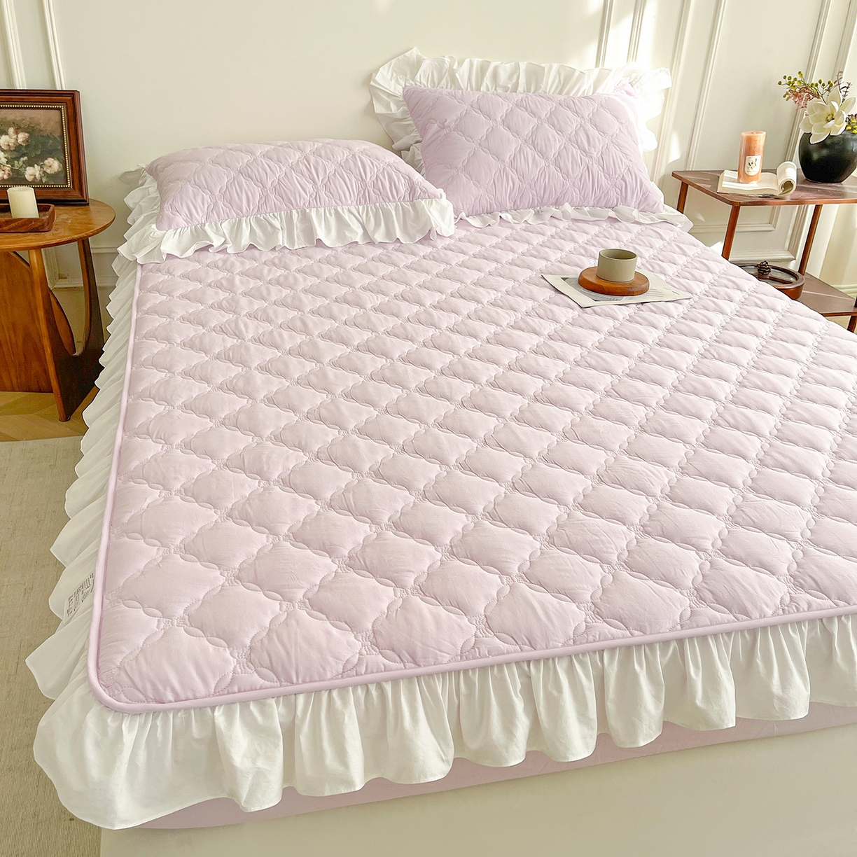 91家纺网 家纺一手货源 找家纺 沐纯家居 2026新款A类全棉纯棉水洗棉新疆棉花少女风花边单床笠 星空紫