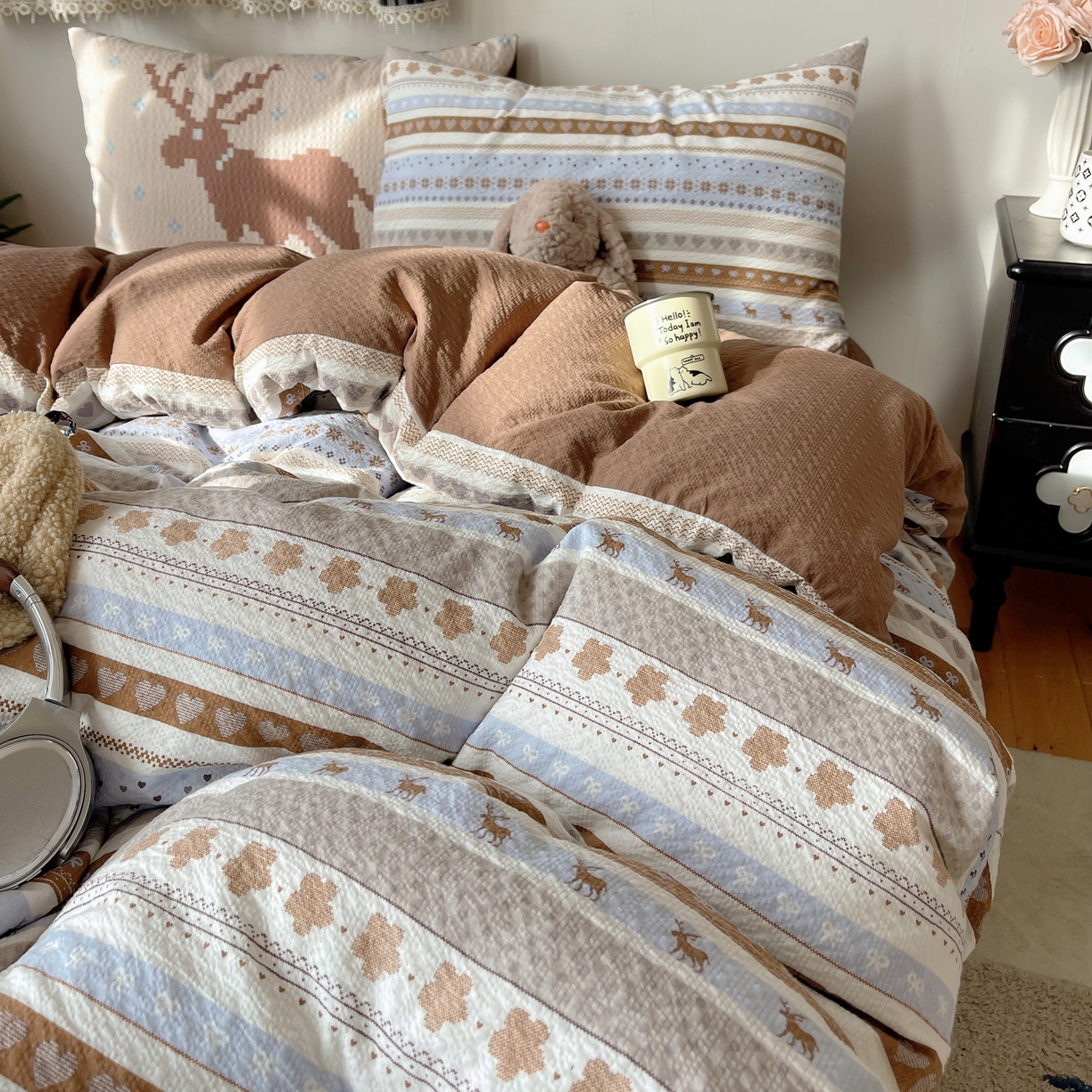 91家纺网 家纺一手货源 找家纺 （总）顾里家纺 2026新款韩风费尔岛系大版皱皱纱四件套【会员-2元 定制床笠+8元（小四件不做床笠）】