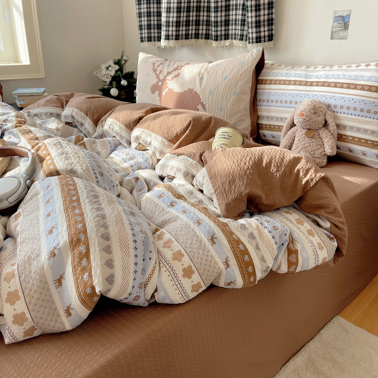 91家纺网 家纺一手货源 找家纺 （总）顾里家纺 2026新款韩风费尔岛系大版皱皱纱四件套【会员-2元 定制床笠+8元（小四件不做床笠）】