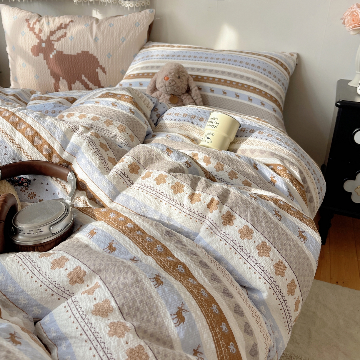 91家纺网 家纺一手货源 找家纺 （总）顾里家纺 2026新款韩风费尔岛系大版皱皱纱四件套【会员-2元 定制床笠+8元（小四件不做床笠）】